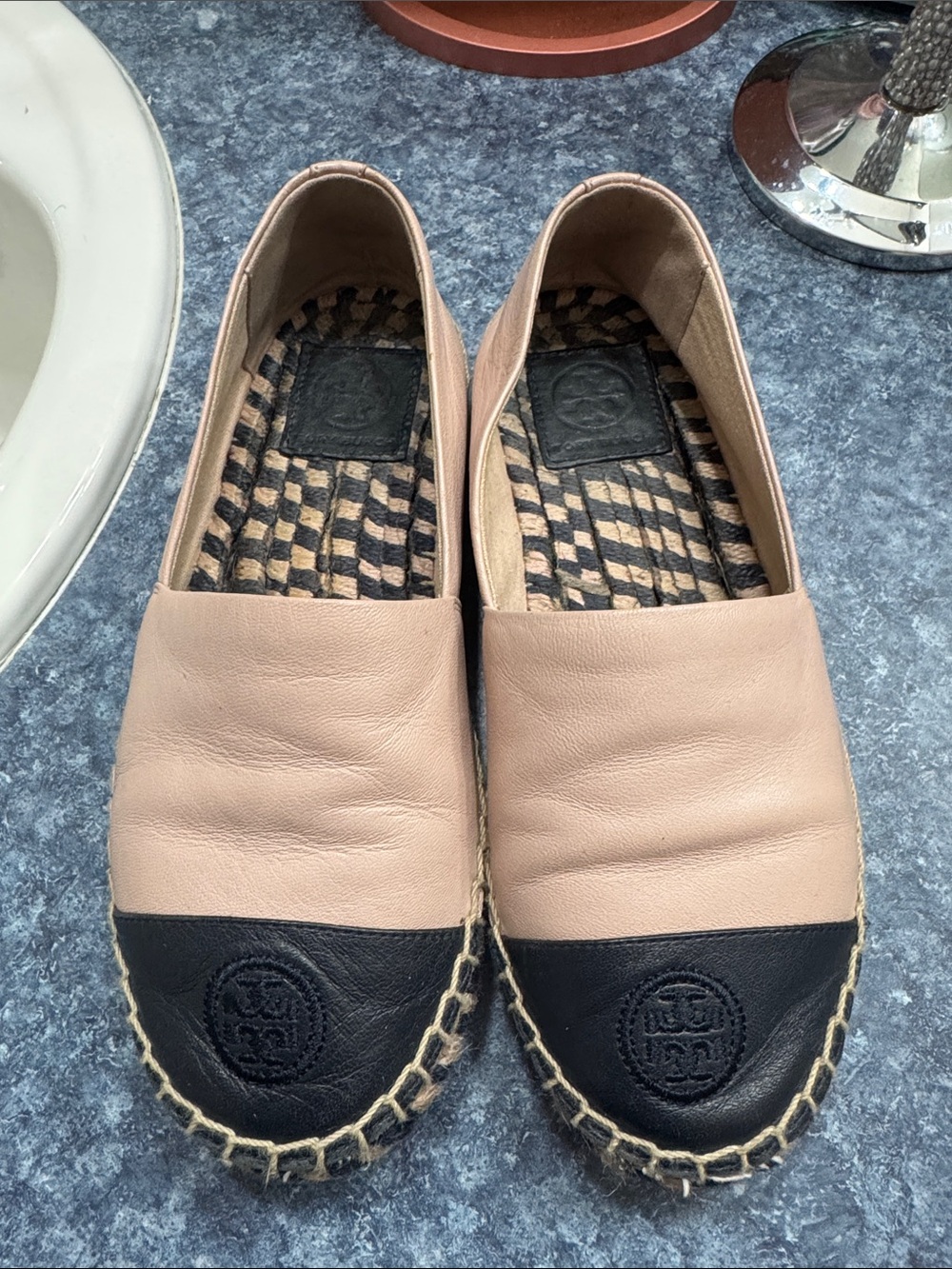 Tory Burch Blush Pink Leather Espadrilles with Black Toe